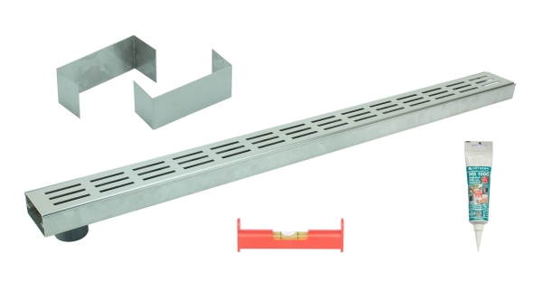 Entwässerungsrinne Edelstahl 1 Meter superflach mit Ablaufstutzen Rost Längsschlitzdesign SET Typ 1, System 35/80